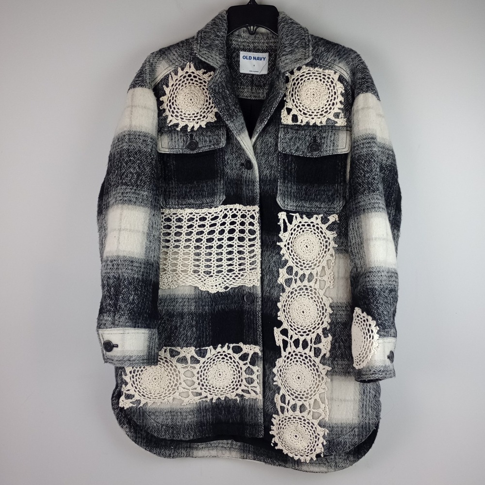 Old Navy Womens S Black Plaid Crochet Lace Patch Wool Blend Utility Shacket